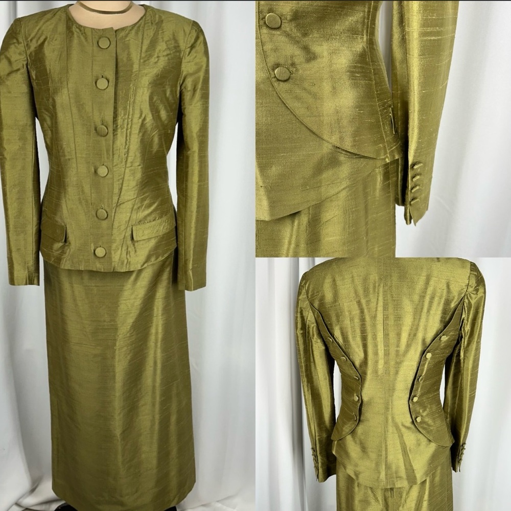 Vtg 2 Piece Skirt Suit Set Olive Green Shimmer Silk Look‎ tailored Jacket Pencil